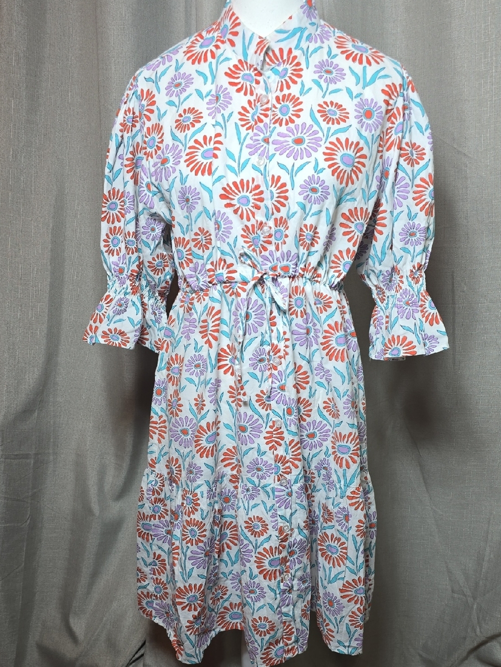Victoria Dunn Indian Cotton Block Print Puff Sleeve Lined Dress